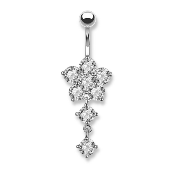 Blumen-Bauchnabelpiercing aus Chirurgenstahl 316L in Gold oder Silber – mit großem Kristall-Blumenanhänger, feminin, glänzend und hochwertig.
