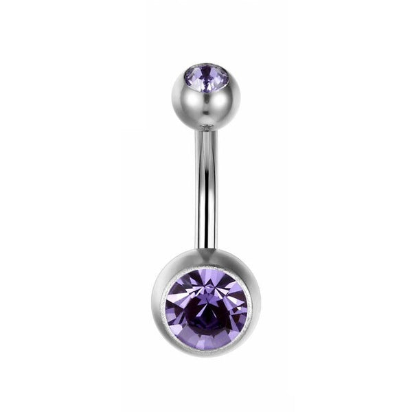 Titan Bauchnabelpiercing mit Zirkonia Kristallen in der Farbe Lila Amethyst von Falkenkoenig Schmuck. Dieses Bauchnabelpiercing ist erhältlich mit der Stablänge 12mm, 10mm und 8mm.