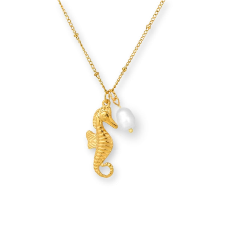 Seepferdchen Halskette aus Edelstahl mit echtem Süßwasserperlen Anhänger, wasserfester maritimer Damenschmuck in Gold.