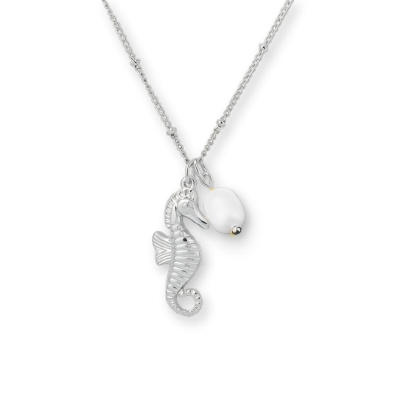Seepferdchen Halskette aus Edelstahl mit echtem Süßwasserperlen Anhänger, wasserfester maritimer Damenschmuck in Silber oder Gold.