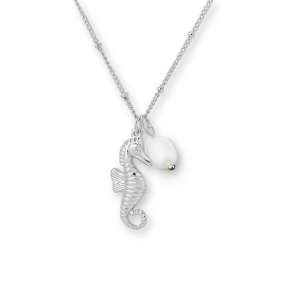 Seepferdchen Halskette aus Edelstahl mit echtem Süßwasserperlen Anhänger, wasserfester maritimer Damenschmuck in Silber oder Gold.