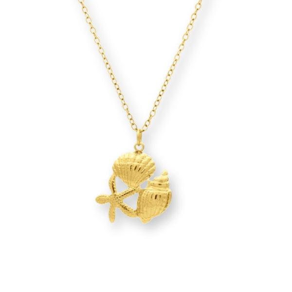 Ozean Muschel Halskette aus Edelstahl mit Muschel, Seestern und Schnecken Anhänger, wasserfeste maritime Halskette für Damen.
