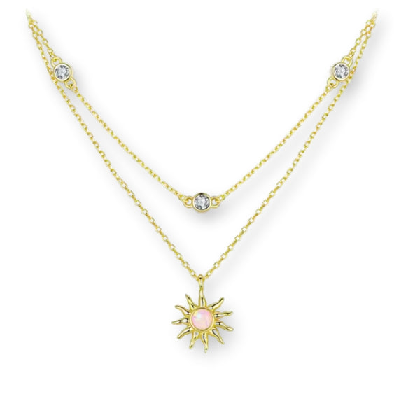 Sonnen Halskette aus 925er Sterlingsilber mit Opal Anhänger, Layering Kette mit Kristallen in Goldoptik.