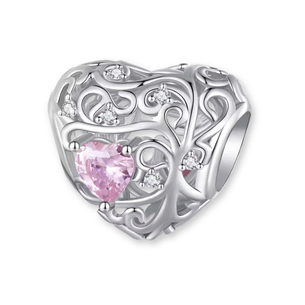 Herz Charm Anhänger aus 925er Sterlingsilber mit rosa Herz Zirkonia und funkelnden Kristallen für Charm Armband.
