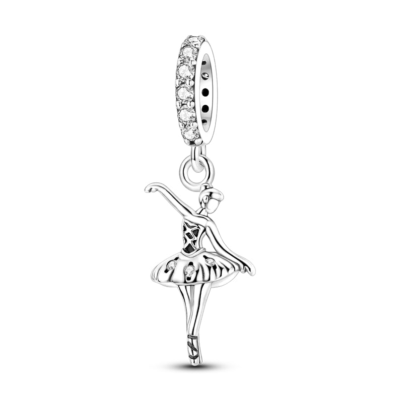 Ballerina Charm-Anhänger aus 925er Silber mit Kristallen – tragbar an Armband oder Halskette, elegant & filigran gestaltet.