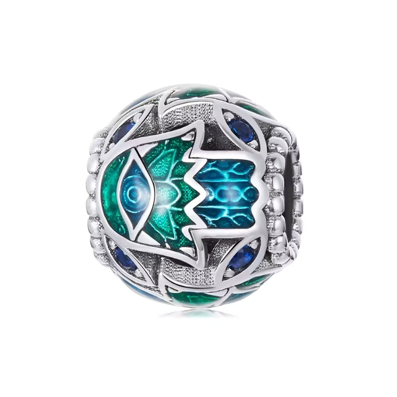 Fatima Charm-Anhänger aus 925er Silber mit Kristallen und Auge Fatimas – spirituelles Schutzsymbol für Stärke, Intuition und positive Energie.