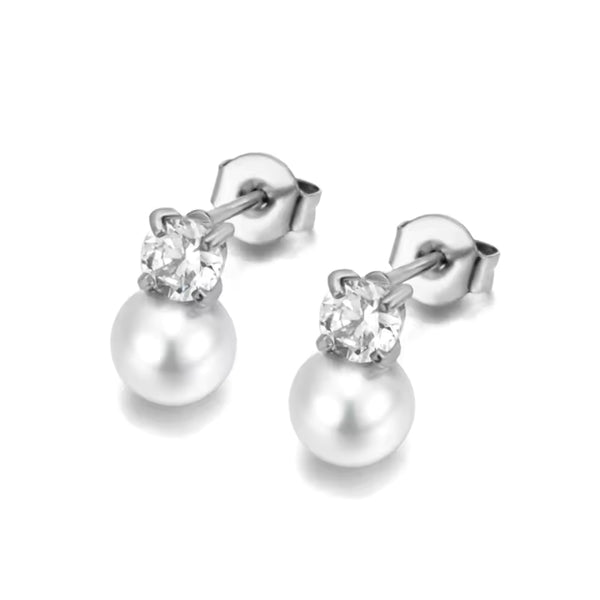 Perlen Ohrstecker aus 316L Edelstahl mit Kristall und synthetischer Perle in Gold oder Silber, elegante Damen Ohrringe.