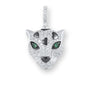 Leopard Anhänger aus 925er Silber mit grünen Kristallaugen – symbolträchtiger Talisman für Stärke, Intuition und Eleganz.