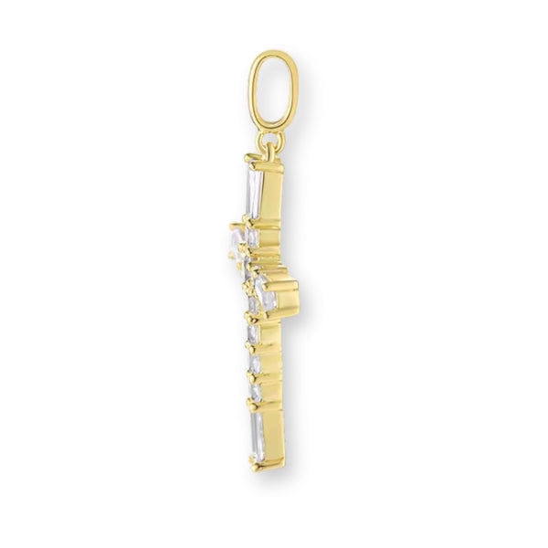 Gold Kreuz-Halskettenanhänger aus 925er Sterlingsilber mit vielen kleinen Kristallen – filigran, glänzend und spirituell auf hellem Hintergrund.