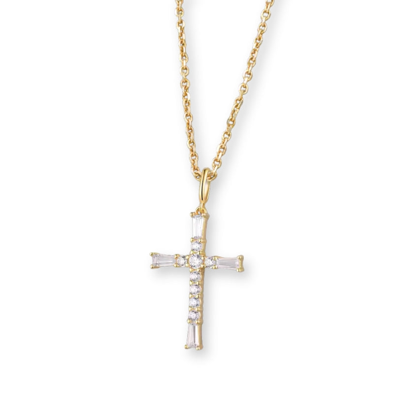 Gold Kreuz-Halskettenanhänger aus 925er Sterlingsilber mit vielen kleinen Kristallen – filigran, glänzend und spirituell auf hellem Hintergrund.