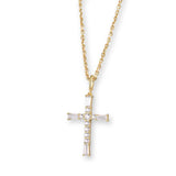 Gold Kreuz-Halskettenanhänger aus 925er Sterlingsilber mit vielen kleinen Kristallen – filigran, glänzend und spirituell auf hellem Hintergrund.