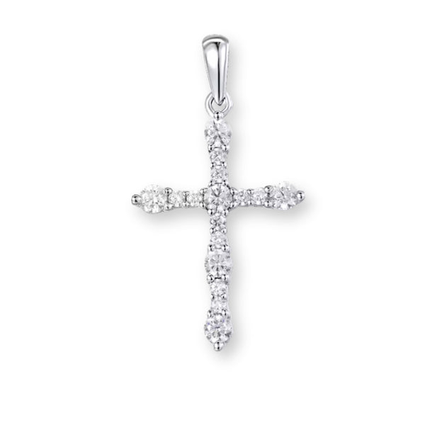 Kreuz-Halskettenanhänger aus 925er Sterlingsilber mit vielen kleinen Kristallen – filigran, glänzend und spirituell auf hellem Hintergrund.