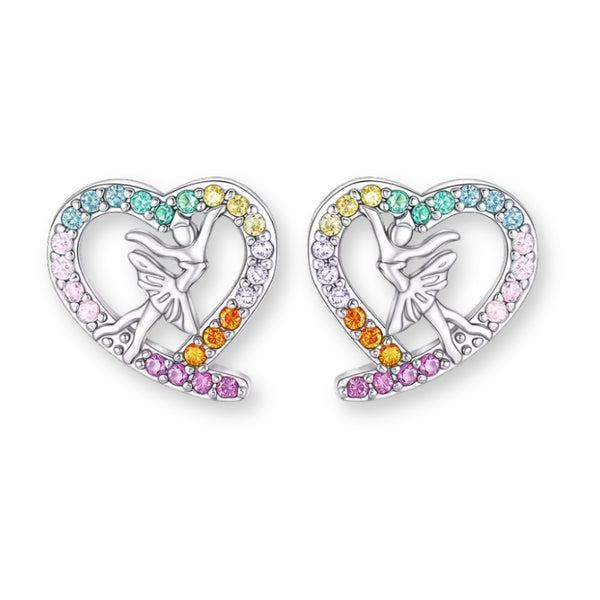 Ballerina Ohrstecker aus 925 Sterling Silber mit Herzform, tanzender Ballerina und bunten Zirkonia Kristallen, Ballett Ohrringe für Mädchen.