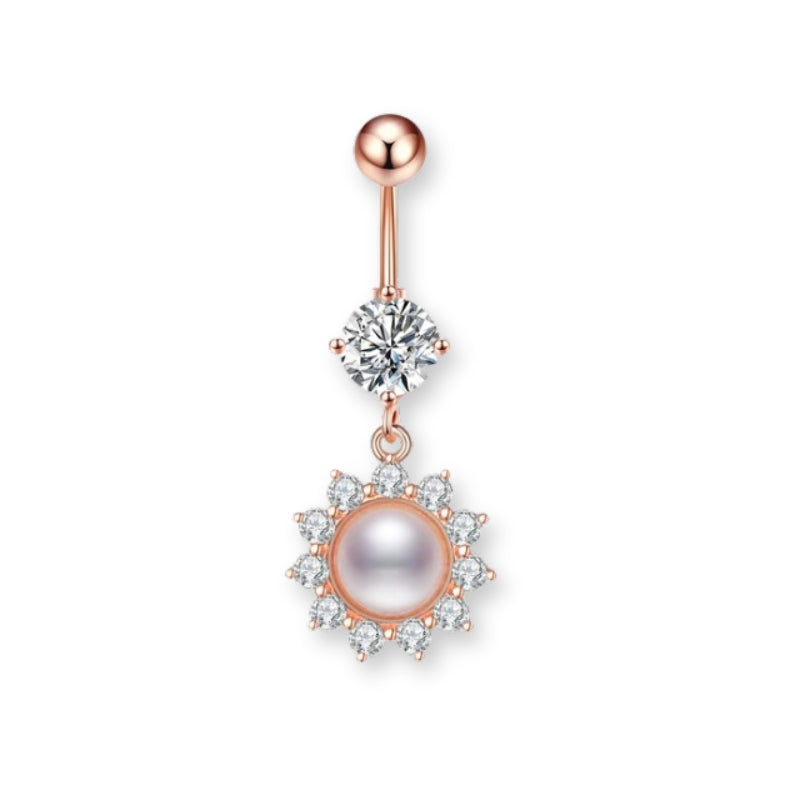 Sonnen-Bauchnabelpiercing aus Chirurgenstahl 316L – mit perlenfarbenem Stein in der Mitte, erhältlich in Roségold, Silber oder Gold – sommerlich und glänzend.