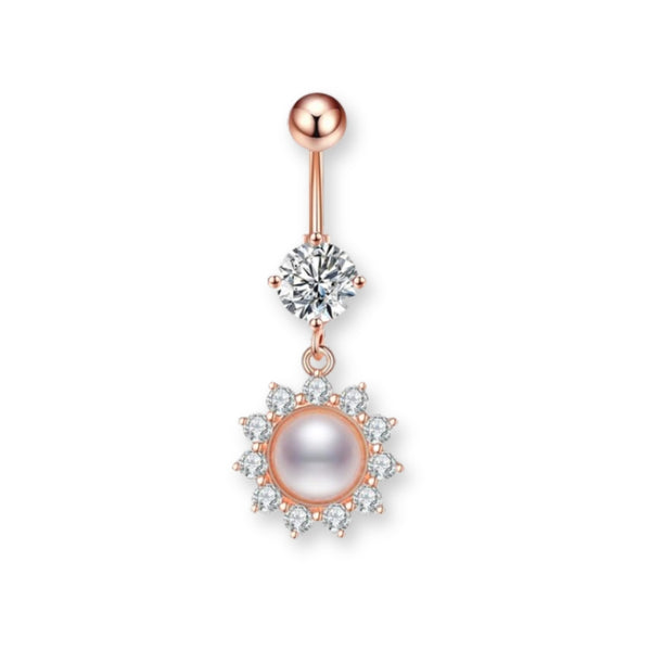 Sonnen-Bauchnabelpiercing aus Chirurgenstahl 316L – mit perlenfarbenem Stein in der Mitte, erhältlich in Roségold, Silber oder Gold – sommerlich und glänzend.