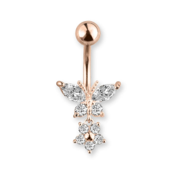 Schmetterling Bauchnabelpiercing aus Chirurgenstahl 316L – in Roségold, Silber oder Gold erhältlich, zartes Design mit glänzender Oberfläche.