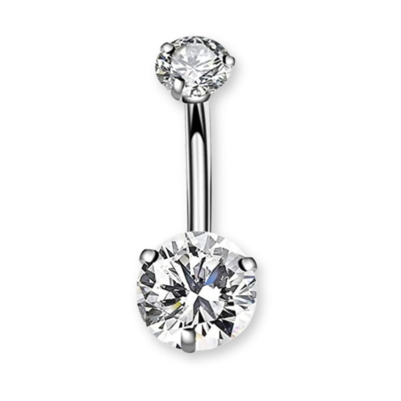 Bauchnabelpiercing aus Chirurgenstahl 316L mit rundem Kristall in der Mitte, umgeben von kleinen eingefassten Kristallen – glänzend, elegant und hautfreundlich.