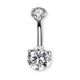 Bauchnabelpiercing aus Chirurgenstahl 316L mit rundem Kristall in der Mitte, umgeben von kleinen eingefassten Kristallen – glänzend, elegant und hautfreundlich.