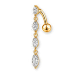 „Tropfen Bauchnabelpiercing aus Titan in Gold mit baumelndem Anhänger und Reverse gebogener Barbell, in allen Größen erhältlich bei Falkenkoenig Schmuck