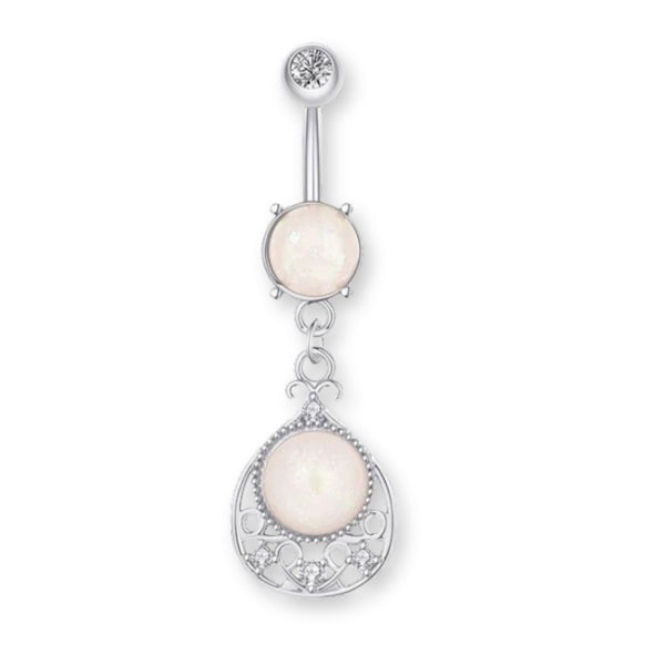 Opal-Zirkon Bauchnabelpiercing aus Chirurgenstahl 316L mit pendelndem Opal-Anhänger – in Silber, Gold oder Roségold erhältlich, edel & glänzend.