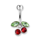 Kirschen Bauchnabelpiercing aus Titan G23 in Silber oder Gold, Cherry Piercing mit roten und grünen Steinen für Damen.