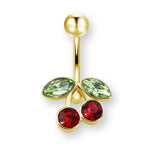 Kirschen Bauchnabelpiercing aus Titan G23 in Silber oder Gold, Cherry Piercing mit roten und grünen Steinen für Damen.