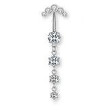 Luna-Silber Titan Bauchnabelpiercing mit vier untereinander hängenden Kristallen – tropfenförmiger Look, glänzend, elegant und hautfreundlich.