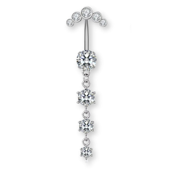 Luna-Silber Titan Bauchnabelpiercing mit vier untereinander hängenden Kristallen – tropfenförmiger Look, glänzend, elegant und hautfreundlich.