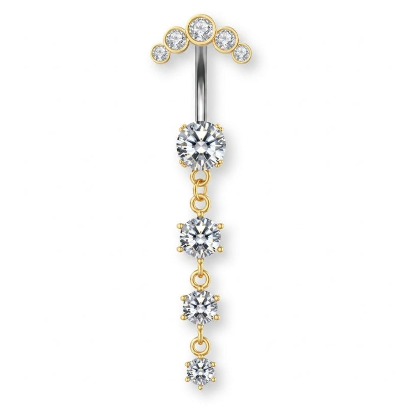 Luna-Gold Titan Bauchnabelpiercing mit vier untereinander hängenden Kristallen – tropfenförmiger Look, glänzend, elegant und hautfreundlich.