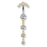 Luna-Gold Titan Bauchnabelpiercing mit vier untereinander hängenden Kristallen – tropfenförmiger Look, glänzend, elegant und hautfreundlich.