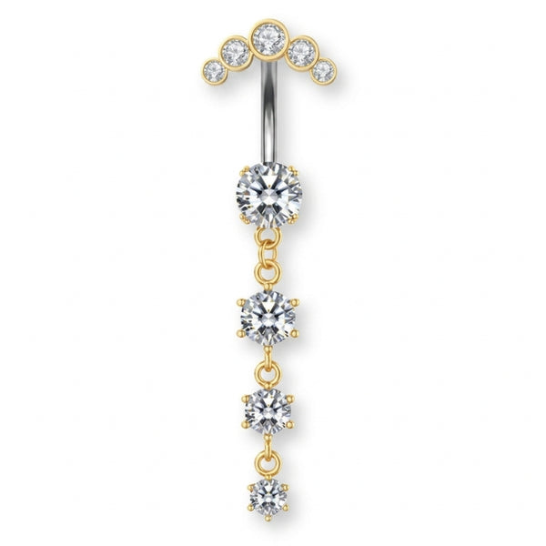 Luna-Gold Titan Bauchnabelpiercing mit vier untereinander hängenden Kristallen – tropfenförmiger Look, glänzend, elegant und hautfreundlich.