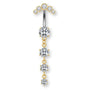 Luna-Gold Titan Bauchnabelpiercing mit vier untereinander hängenden Kristallen – tropfenförmiger Look, glänzend, elegant und hautfreundlich.