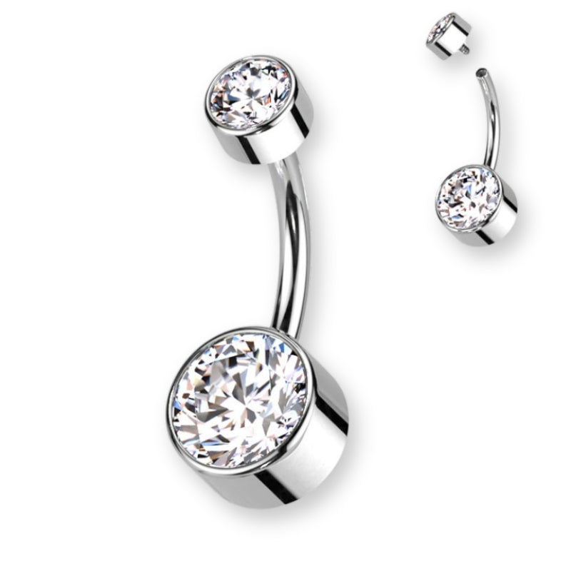 Titan Bauchnabelpiercing Innengewinde flach Bananabell mit Zirkonia in 8 mm oder 10 mm, elegantes Belly Button Piercing Damen.