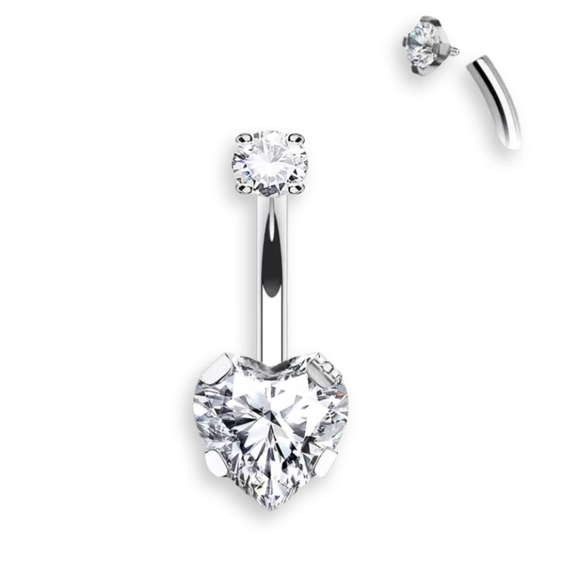 Herz Bauchnabelpiercing aus Titan mit Innengewinde und Zirkonia, Bananabell in Silber oder Gold, eleganter Piercing Schmuck.