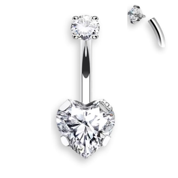 Herz Bauchnabelpiercing aus Titan mit Innengewinde und Zirkonia, Bananabell in Silber oder Gold, eleganter Piercing Schmuck.