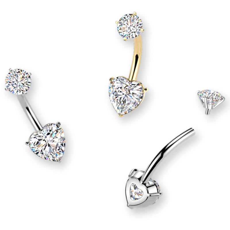 Herz Bauchnabelpiercing aus Titan mit Innengewinde und Zirkonia, Bananabell in Silber oder Gold, eleganter Piercing Schmuck.