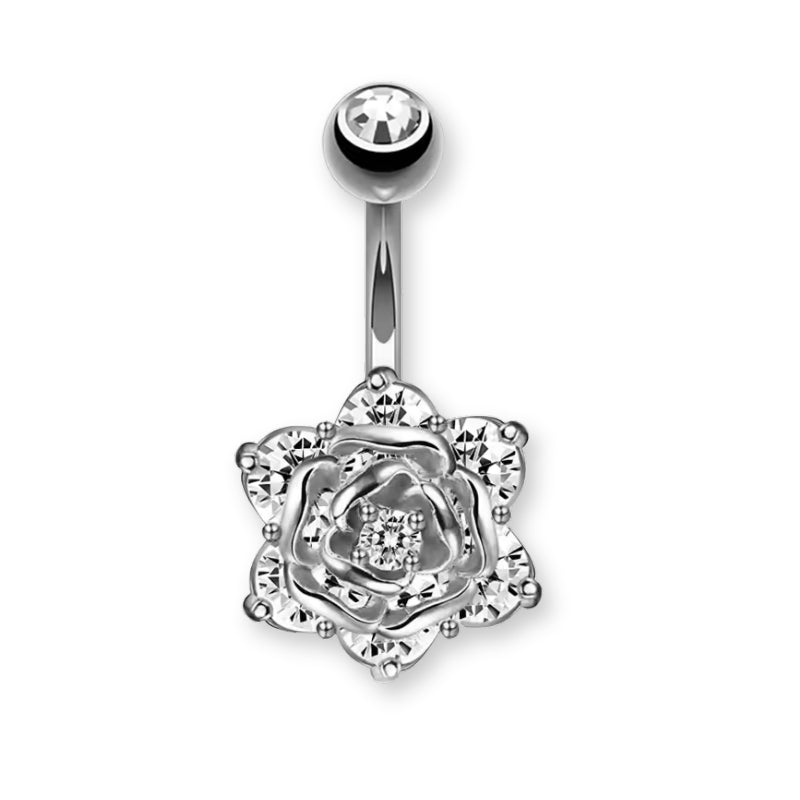 Bauchnabelpiercing Blume 316L Chirurgenstahl mit Zirkonia, Stangenlänge 10 mm, in Silber oder Gold, Belly Button Piercing Damen.