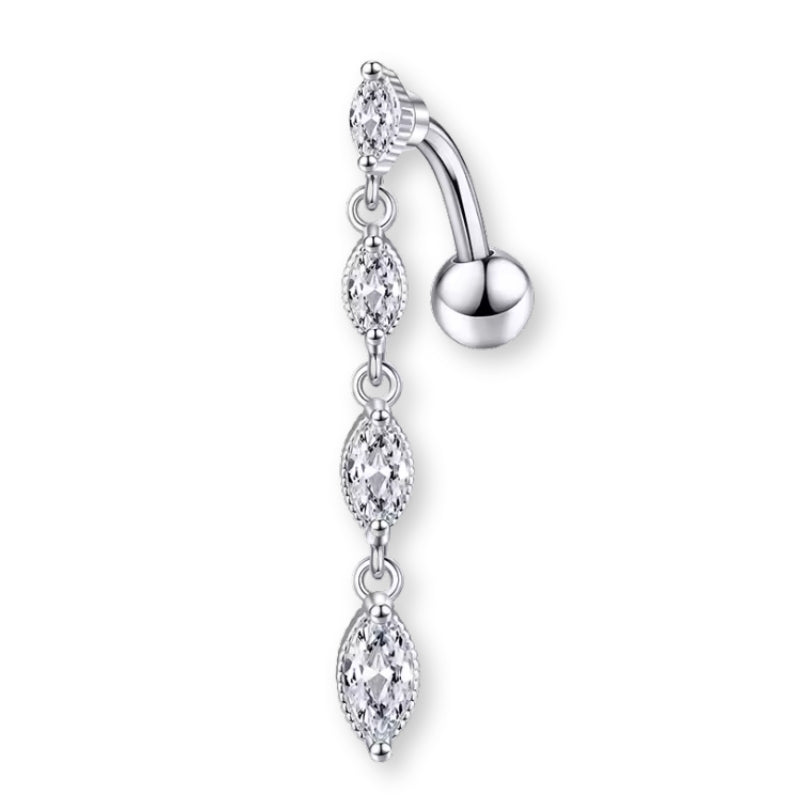 „Tropfen Bauchnabelpiercing aus Titan in Silber mit baumelndem Anhänger und Reverse gebogener Barbell, in allen Größen erhältlich bei Falkenkoenig Schmuck"