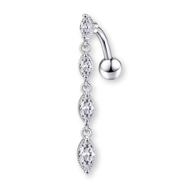 „Tropfen Bauchnabelpiercing aus Titan in Silber mit baumelndem Anhänger und Reverse gebogener Barbell, in allen Größen erhältlich bei Falkenkoenig Schmuck"