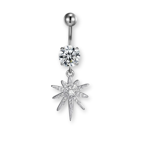 Sternen-Anhänger Bauchnabelpiercing aus Titan – geschwungene Fischform mit Kristallen besetzt, elegant & hautfreundlich.