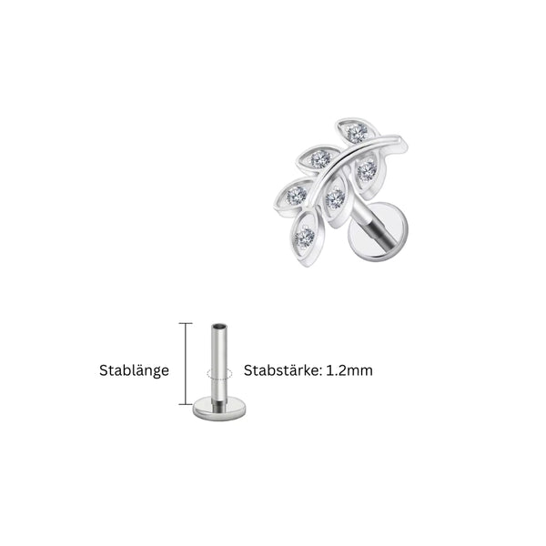 1.2 mm Titan Piercing (16G) Blattzweig mit Zirkonia, silberfarben