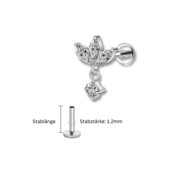 1.2 mm Titan Piercing in Silber mit Blattzweig-Motiv und kleinen Zirkonia – geeignet für Labret, Tragus, Madonna oder Helix.