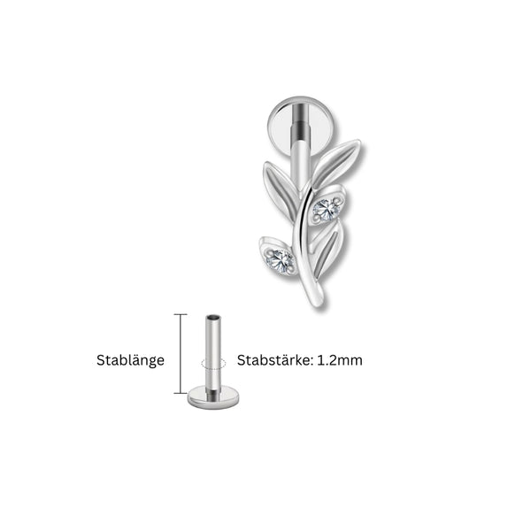 1.2 mm Titan Piercing in Silber mit Blattzweig-Motiv und kleinen Zirkonia – geeignet für Labret, Tragus, Madonna oder Helix.