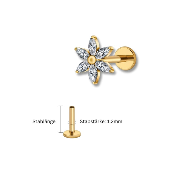 1.2 mm Titan Piercing in Gold mit Blattzweig-Motiv und kleinen Zirkonia – geeignet für Labret, Tragus, Madonna oder Helix.
