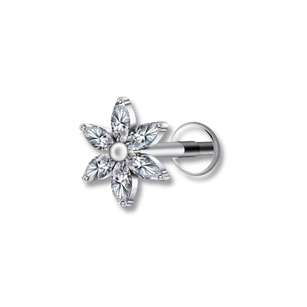 1.2 mm Titan Piercing in Silber mit Blattzweig-Motiv und kleinen Zirkonia – geeignet für Labret, Tragus, Madonna oder Helix.