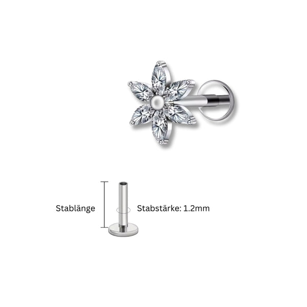 1.2 mm Titan Piercing in Silber mit Blattzweig-Motiv und kleinen Zirkonia – geeignet für Labret, Tragus, Madonna oder Helix.