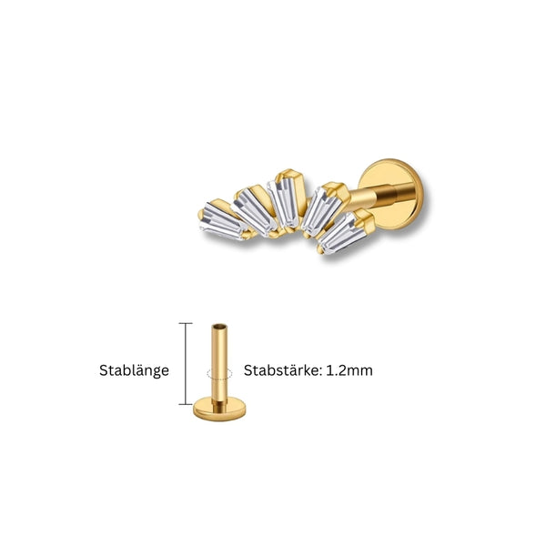 1.2 mm Titan Piercing in Gold mit Blattzweig-Motiv und kleinen Zirkonia – geeignet für Labret, Tragus, Madonna oder Helix.