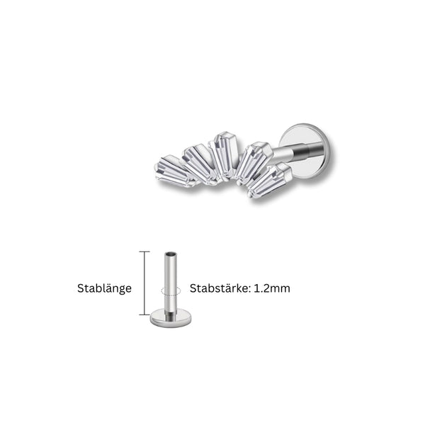 1.2 mm Titan Piercing in Silber mit Blattzweig-Motiv und kleinen Zirkonia – geeignet für Labret, Tragus, Madonna oder Helix.