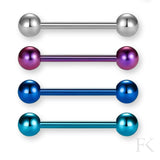 Zungenpiercing-Set aus Titan mit vier Farben – Silber, Lila, Topas und Saphir-Blau – auf weißem Hintergrund, hochwertig & vielseitig kombinierbar.