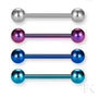 Zungenpiercing-Set aus Titan mit vier Farben – Silber, Lila, Topas und Saphir-Blau – auf weißem Hintergrund, hochwertig & vielseitig kombinierbar.